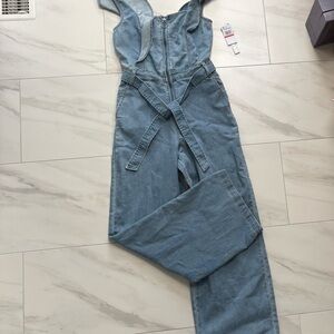 Tinseltown Light Blue Denim Overall Jumpsuit with Tie Waist